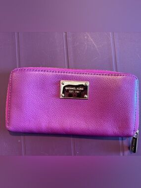Michael Kors Purple Leather Zip-Around Wallet with Gold Plaque